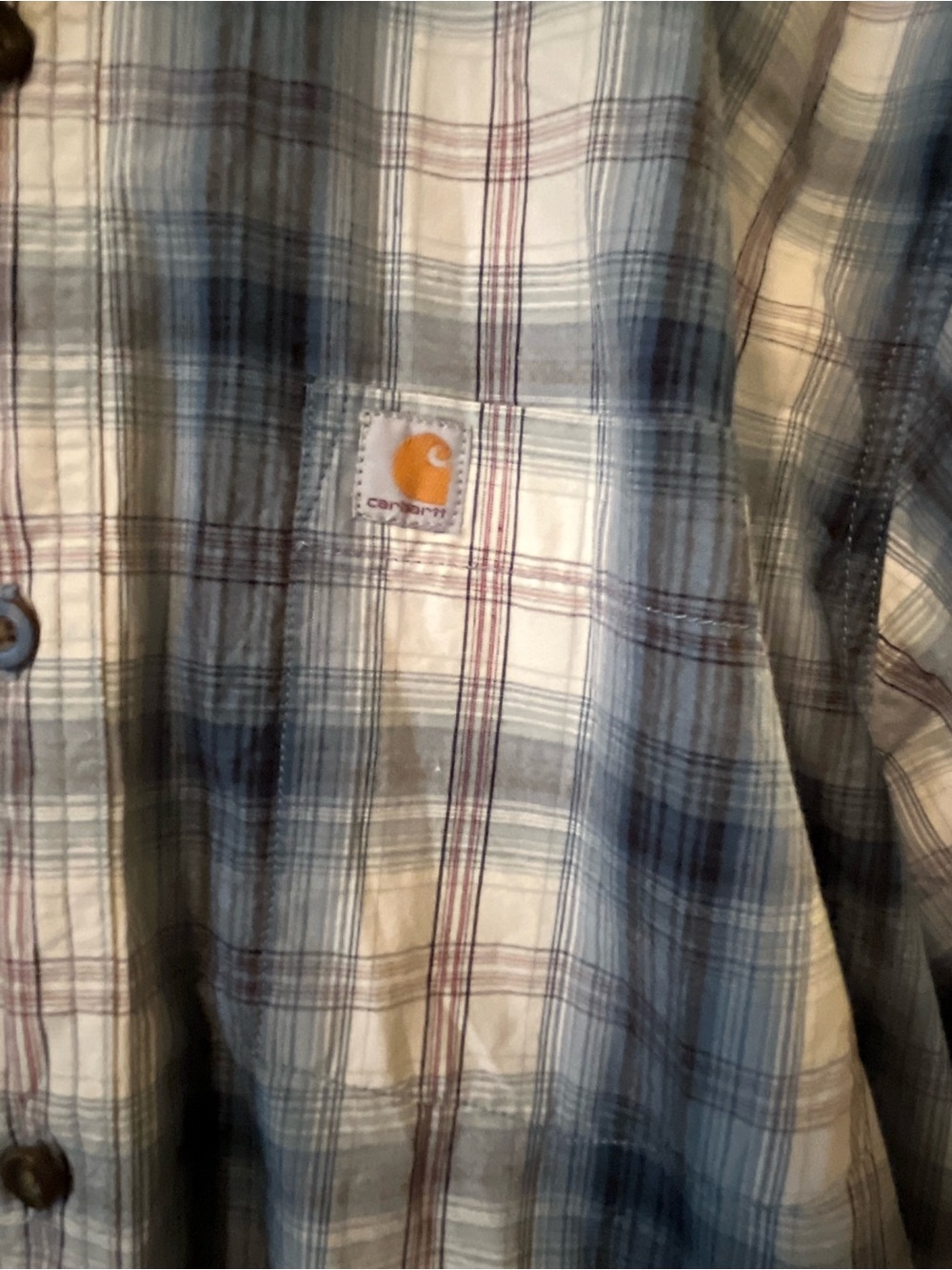 XL Carhartt Men's Blue, White and Brown Plaid Button-Down Shirt - Picture 3 of 6